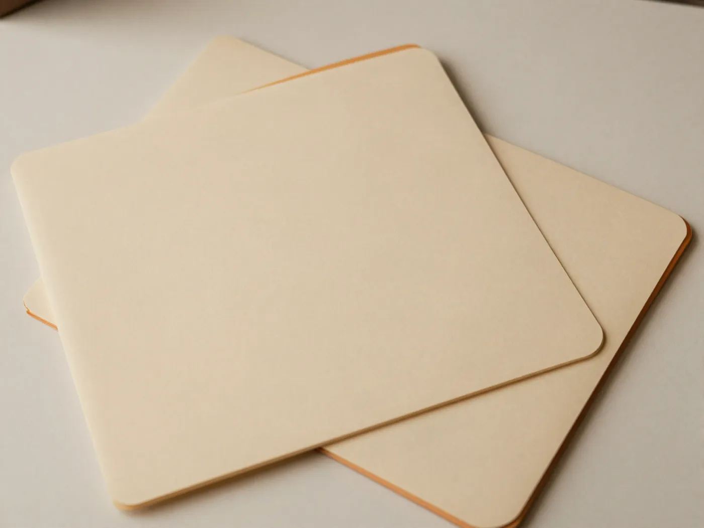 Two plain card folders overlapping as one passes across the other.